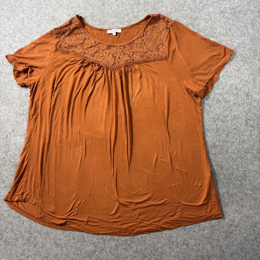 Ahlaray Womens Lace Yoke Blouse 4X Burnt Orange Floral Crochet Detail Top